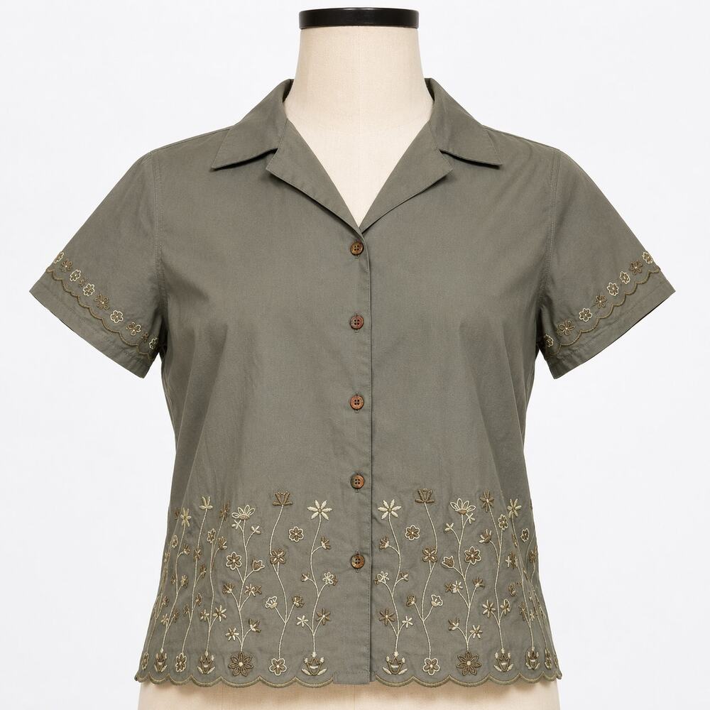 Womens Olive Embroidered Button-Down Shirt